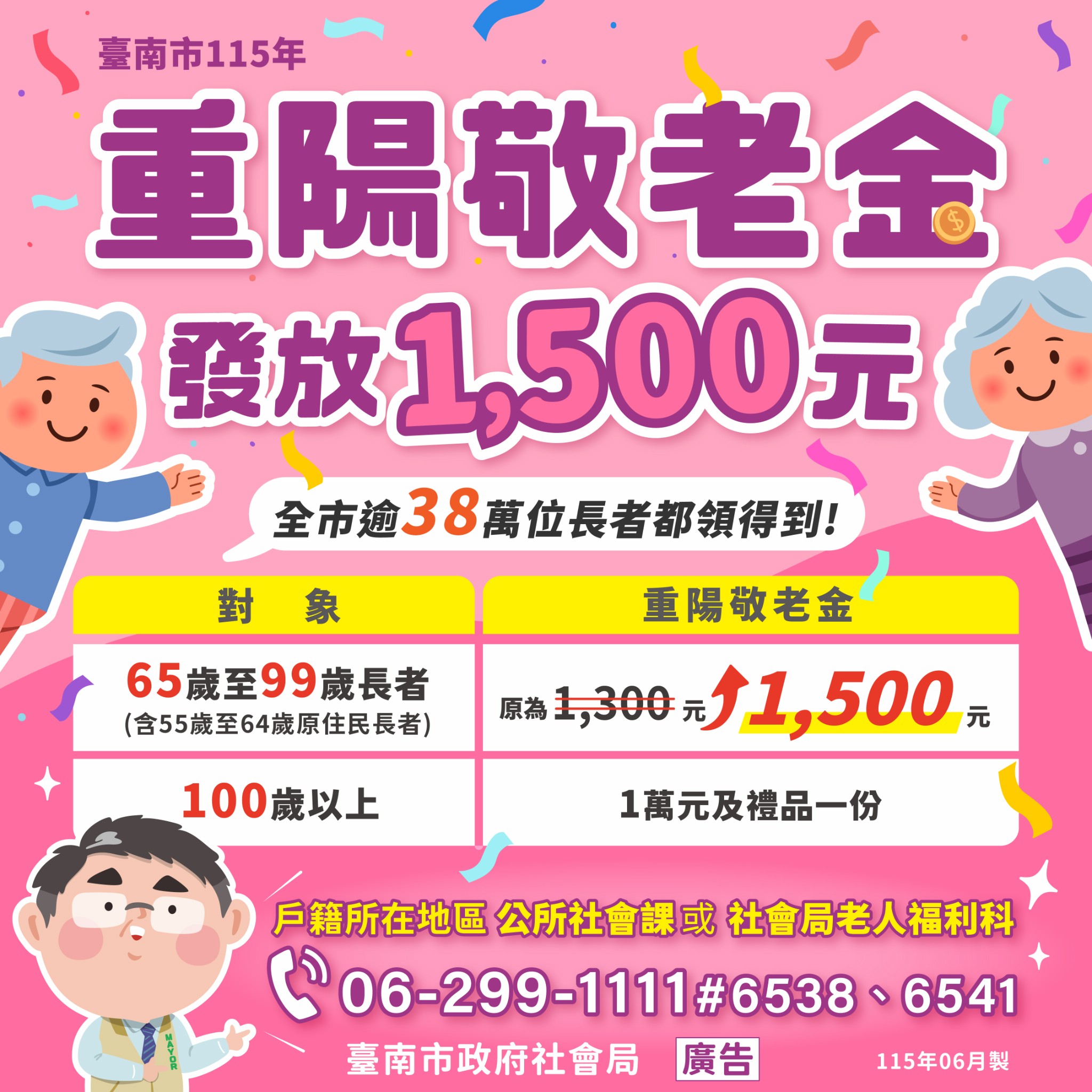 重陽敬老送暖！南市敬老金1,500元今日入帳