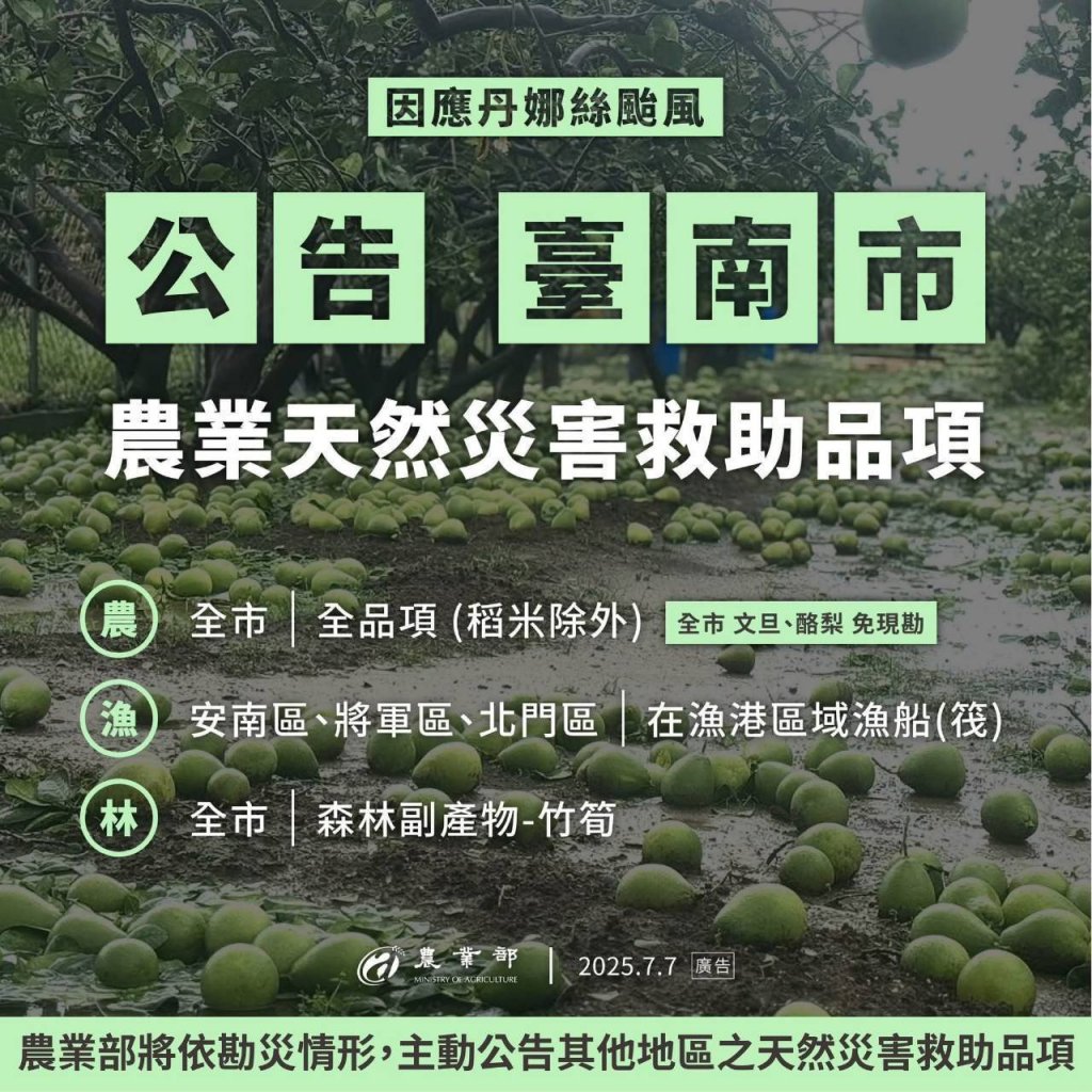 颱風「丹娜斯」重創臺南市農業 即日起至21日受理天然災害救助申請