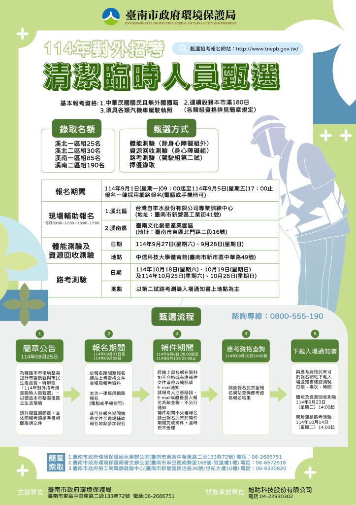 南市環保局公告招考清潔隊臨時人員330名