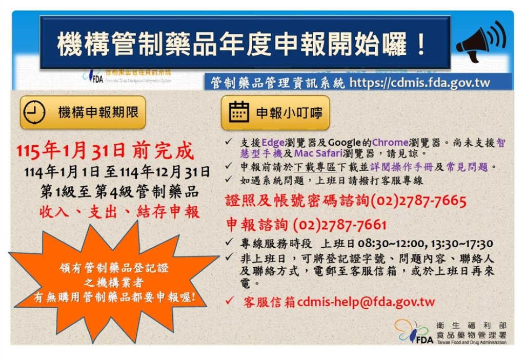 別讓罰單找上門！114年度管制藥品收支申報截止到115年1月31日   記得完成申報喔！