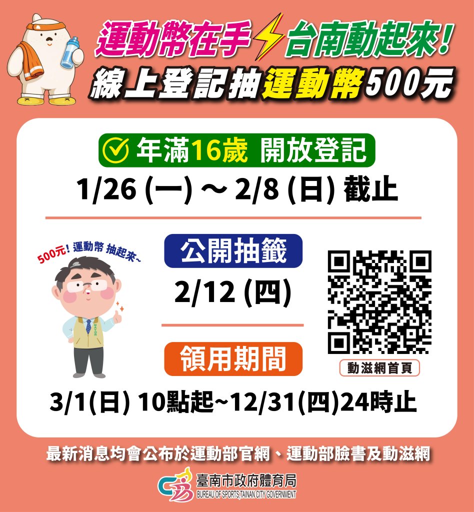 全民抽起來！500元運動幣登記抽籤   運動福袋＋台南專屬優惠