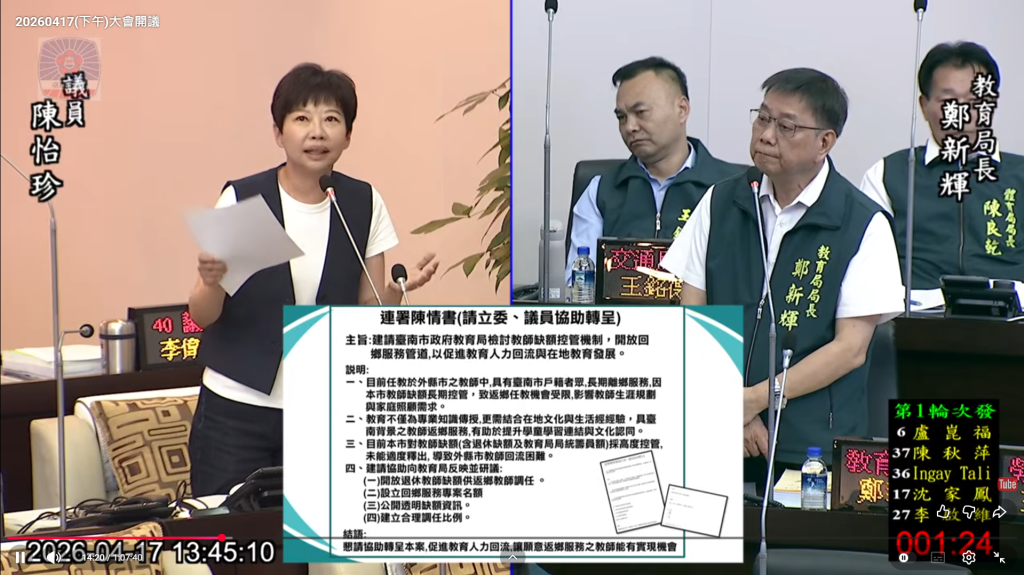 教師荒警訊！臺南控管員額惹議 陳怡珍要求全面檢討