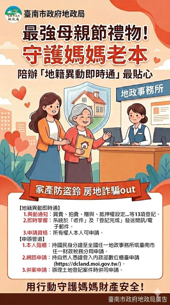 母親節送上最安心的禮物 南市推「地籍異動即時通」守護媽媽財產安全