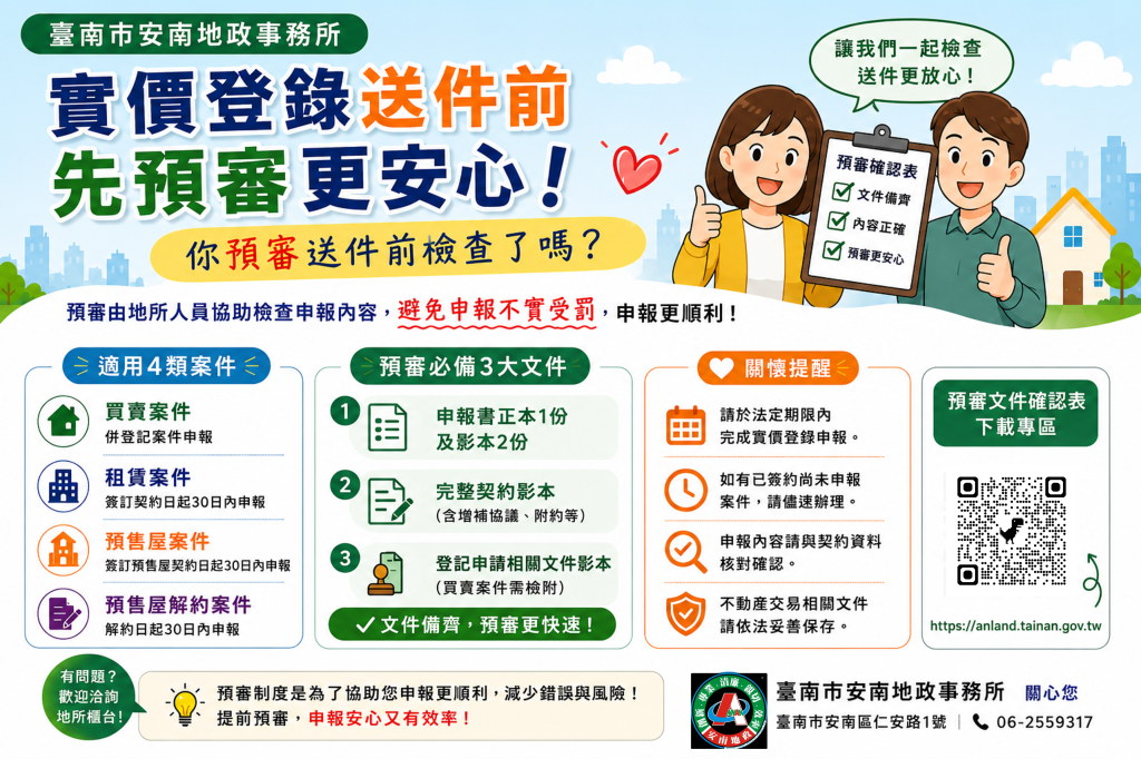 臺南推動實價登錄透明化 安南地政推出四大類確認表