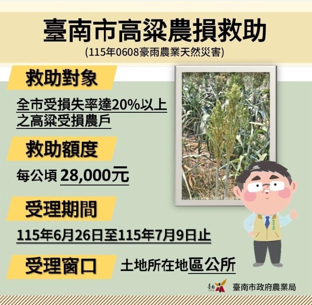 救助金來了！0608豪雨高粱受災 臺南受理申請至7月9日