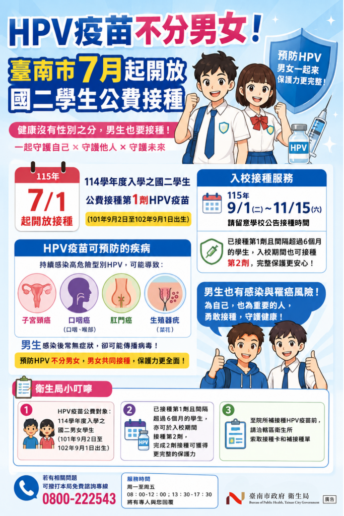 114年入學國二生7月起可接種公費HPV疫苗 建立完整保護力