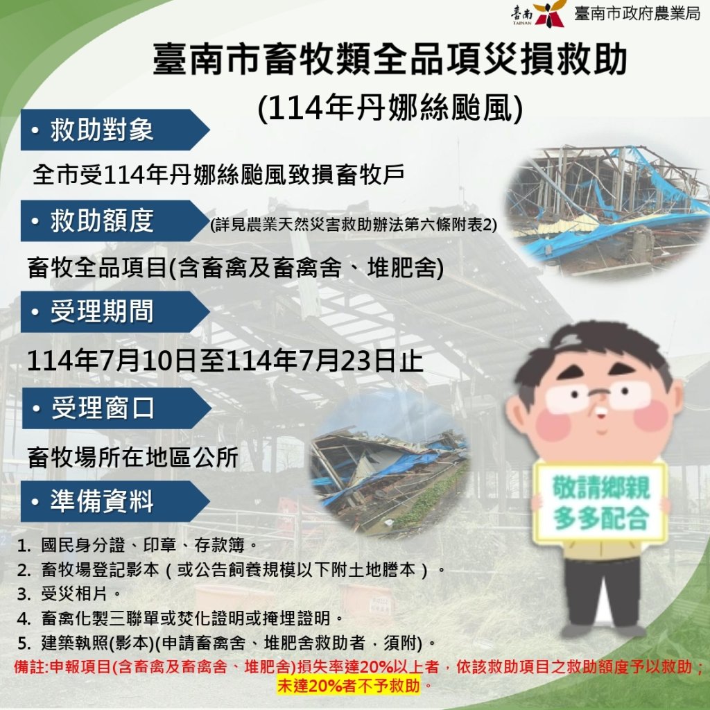 臺南市畜牧受丹娜絲颱風災損 7月10日至7月23日受理現金救助申請<大和傳媒>