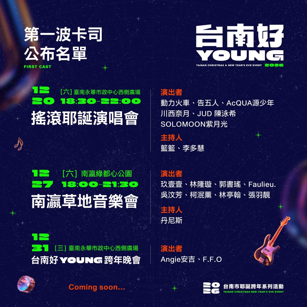 集結台日超人氣、搖滾與本土天團 黃偉哲公布「2026台南好young」首波耶誕跨年卡司<大和傳媒>