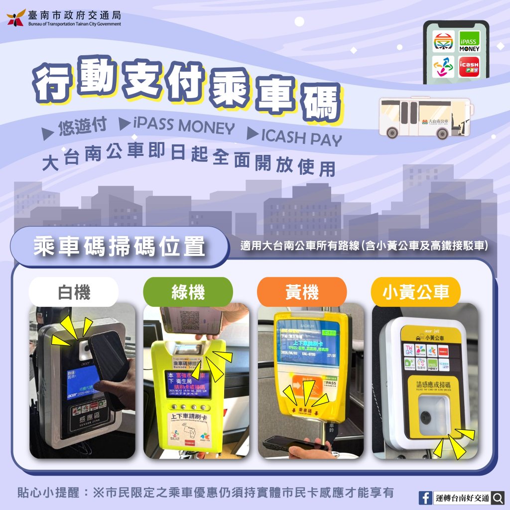 大台南公車即日起開放持交通乘車碼（QR Code）搭車 多元支付更便利<大和傳媒>