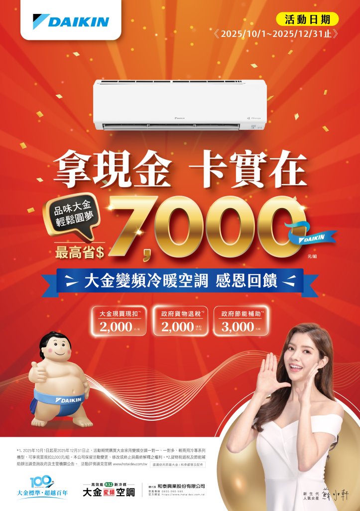 大金空調拿現金卡實在~最高可省7000元