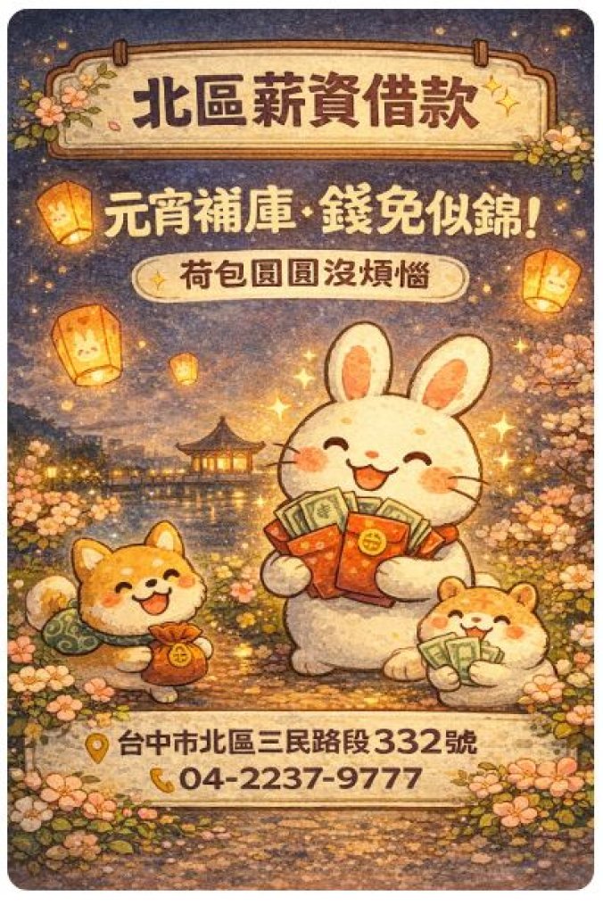 元宵節湯圓是甜的，但你的錢包不能是空的，台中北區、北屯區、太平區薪資借款推薦!!!