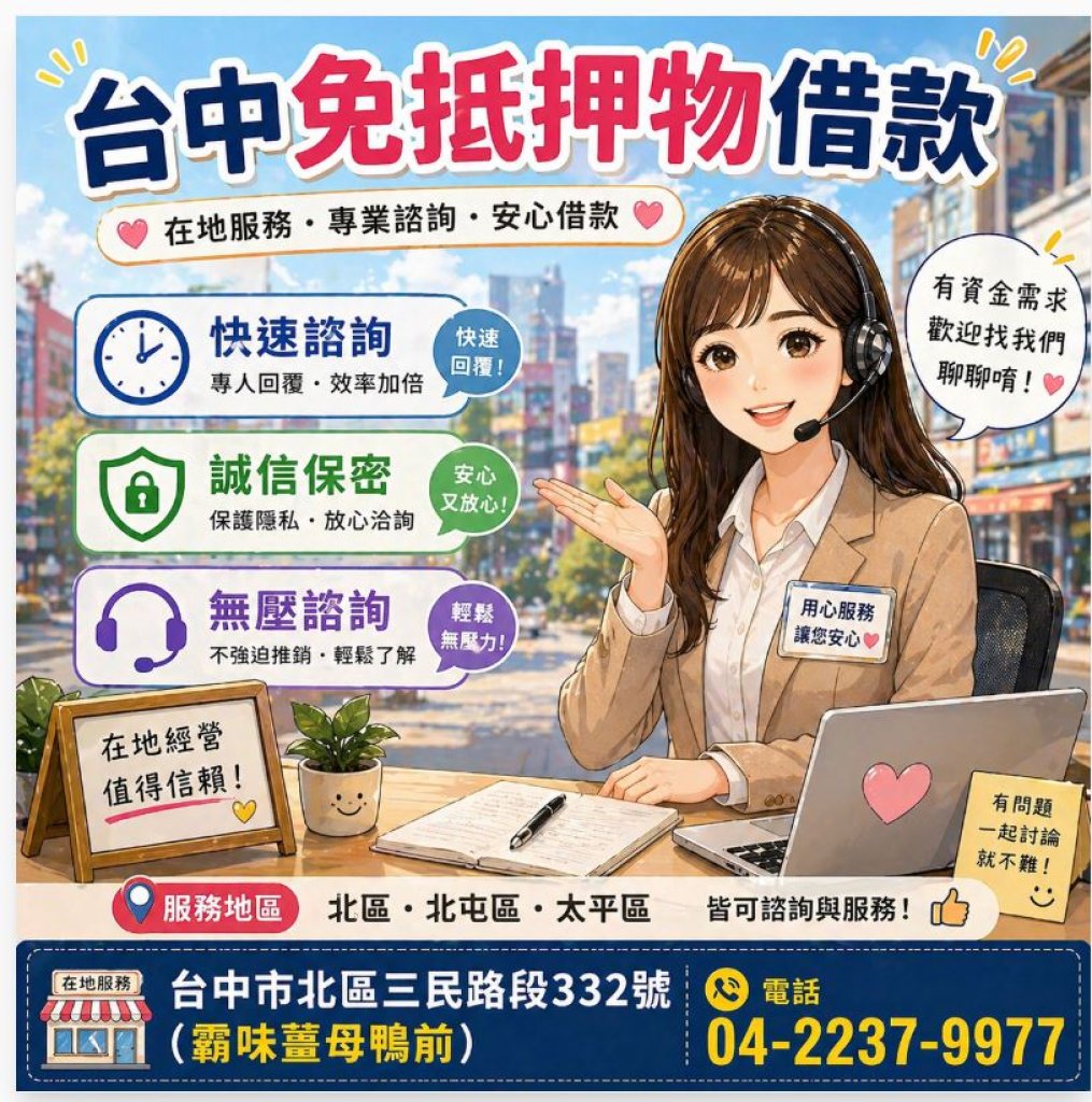 台中免抵押物借款｜北區、北屯、太平客服即時回覆，資金安排更安心
