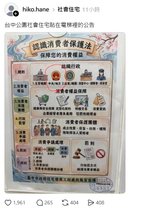 有網友在Threads上PO出貼在社會住宅的公告，中央主管單位竟是「中國五星國徽」，讓網友驚呆。翻攝畫面