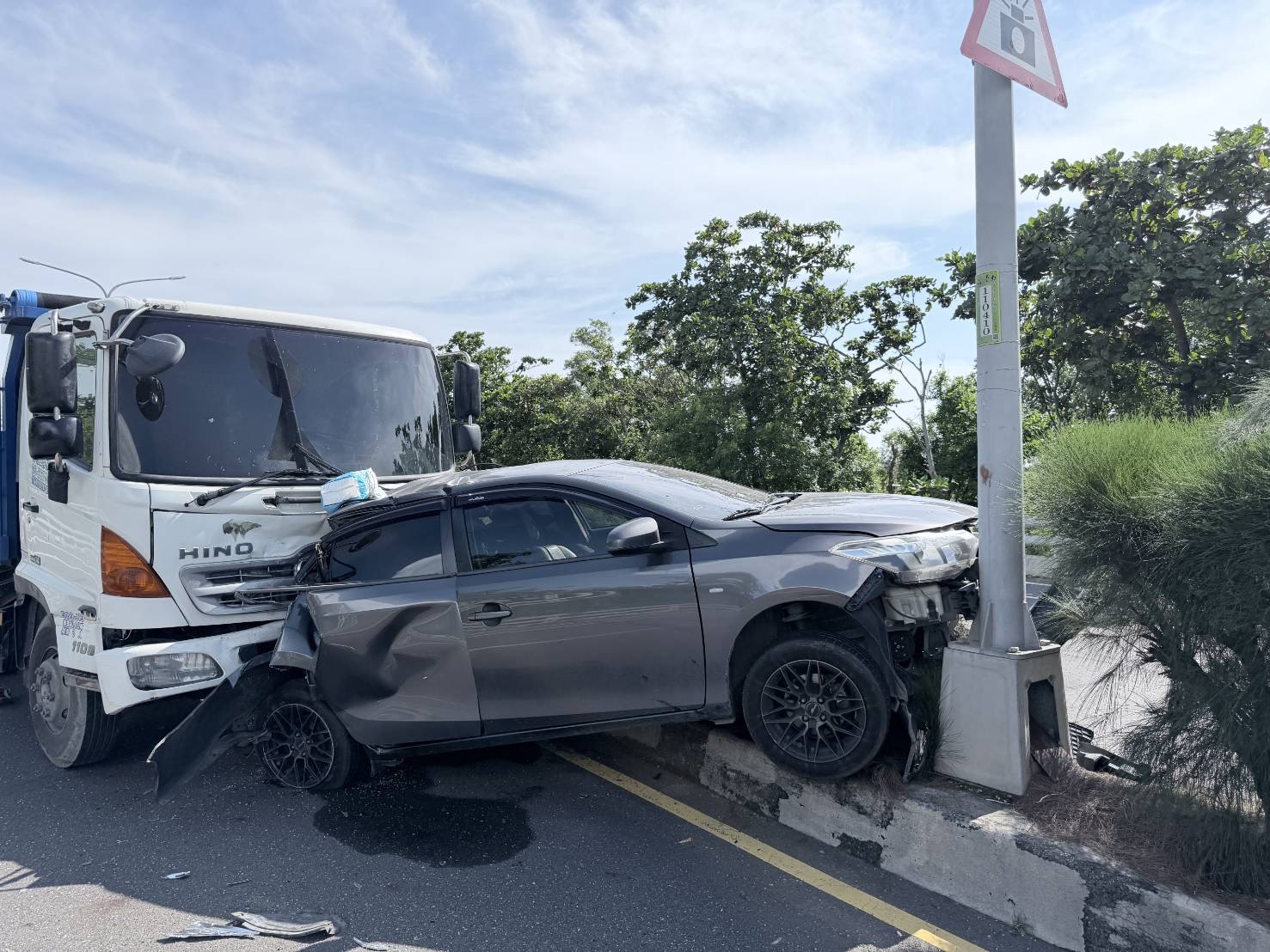 ▲▼超巨綠鬣蜥竄出!轎車急煞閃避遭大貨車撞上 牠吐血慘死輪下(圖/記者王俊勝 翻攝)