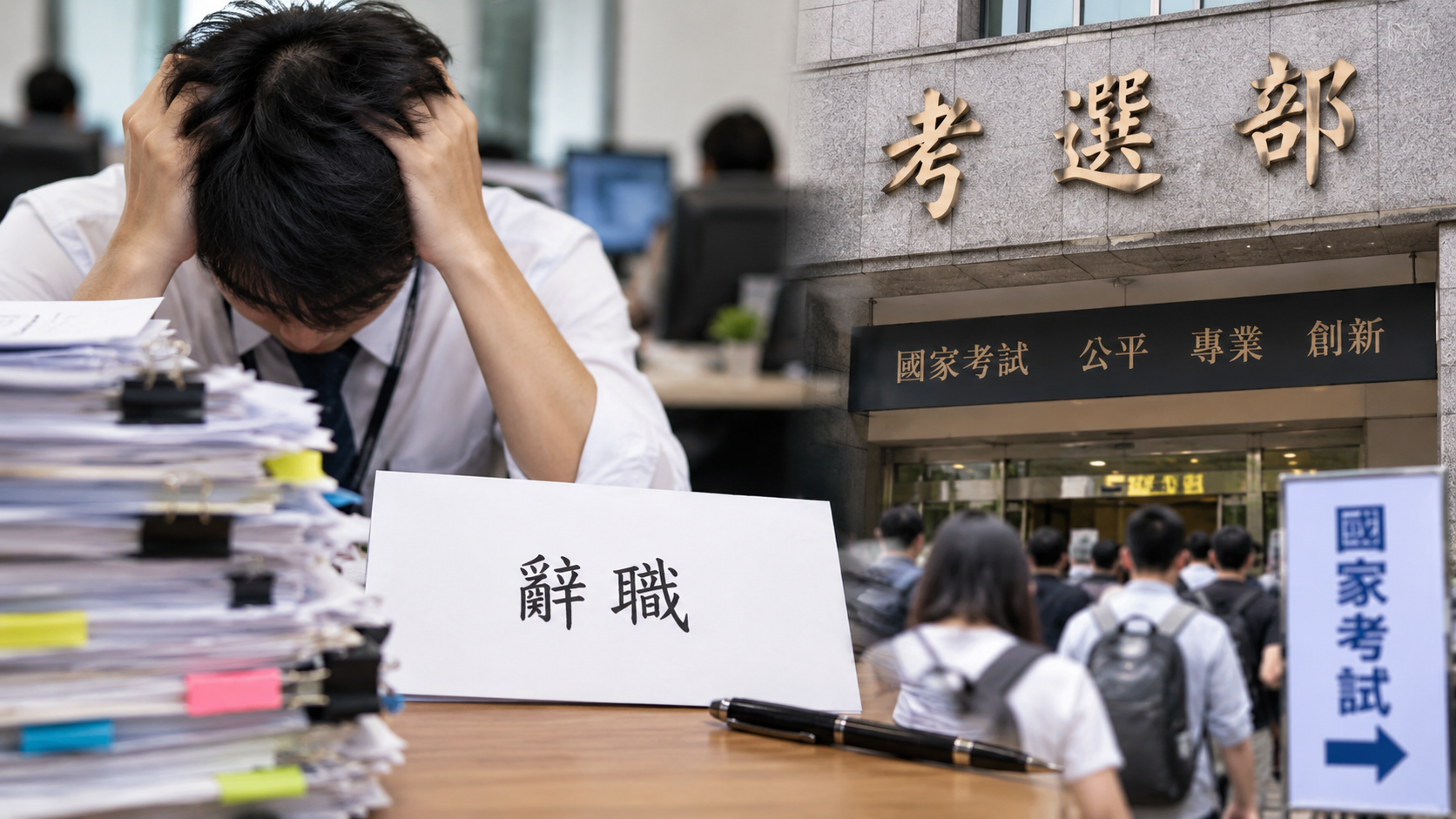 公務員報考人數與辭職人數變化引發關注，官方統計顯示，公務人員考試報考人數10年間近乎腰斬，公務員5年間辭職人數也增加約55%。（圖／AI生成示意圖）