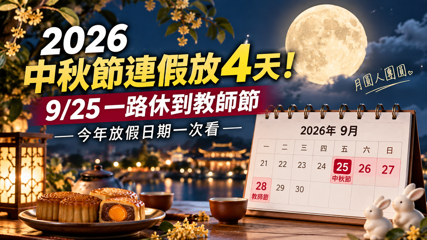 2026年中秋節落在9月25日星期五,接續週末及9月28日教師節,形成4天連假,民眾不用另外請假就能連休4天。(圖/AI生成示意圖)