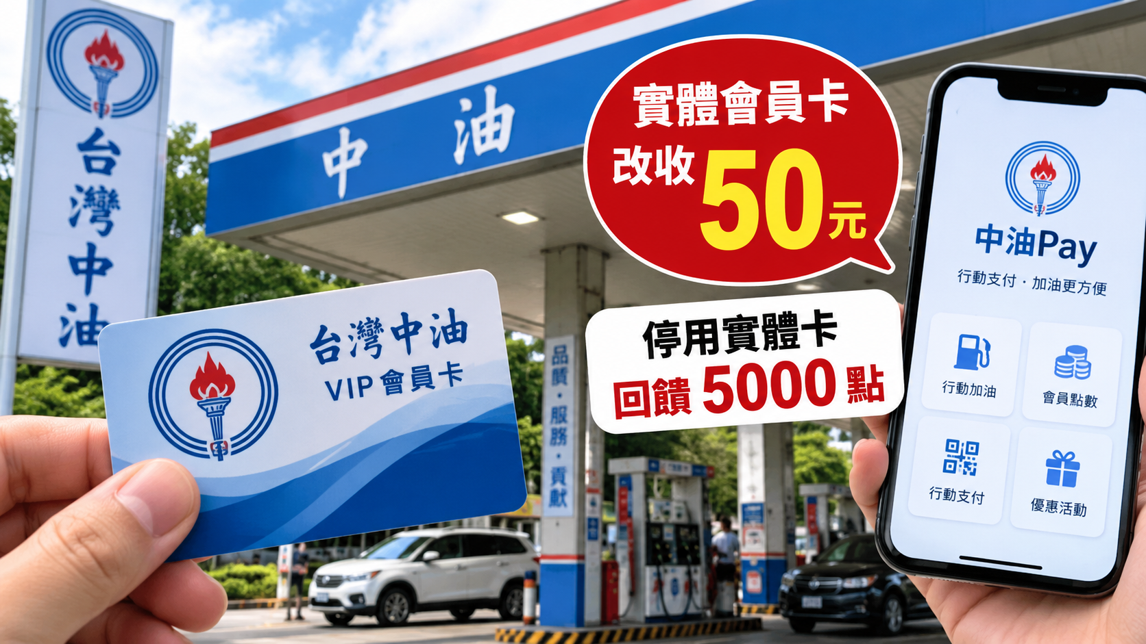 台灣中油自9月1日起調整會員服務,實體VIP會員卡新申辦改收50元,並鼓勵會員改用中油Pay;符合相關條件停用實體卡,可獲得5000點VIP會員點數回饋。(示意圖/AI生成)