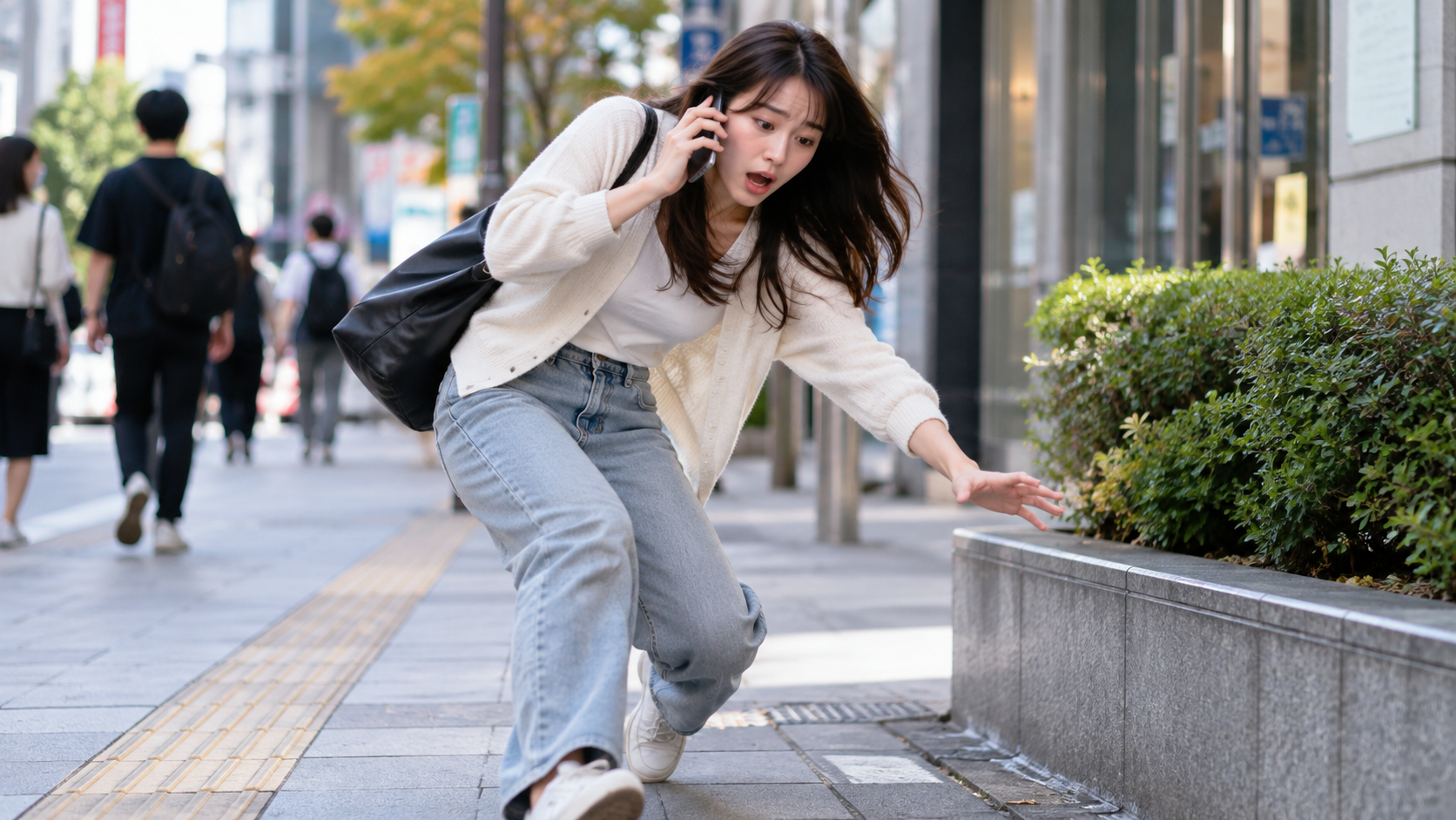 女子在日本街頭講電話時突然踉蹌、差點跌倒,情急之下脫口而出熟悉的台灣用語,引發網友熱議。(示意圖/AI生成)
