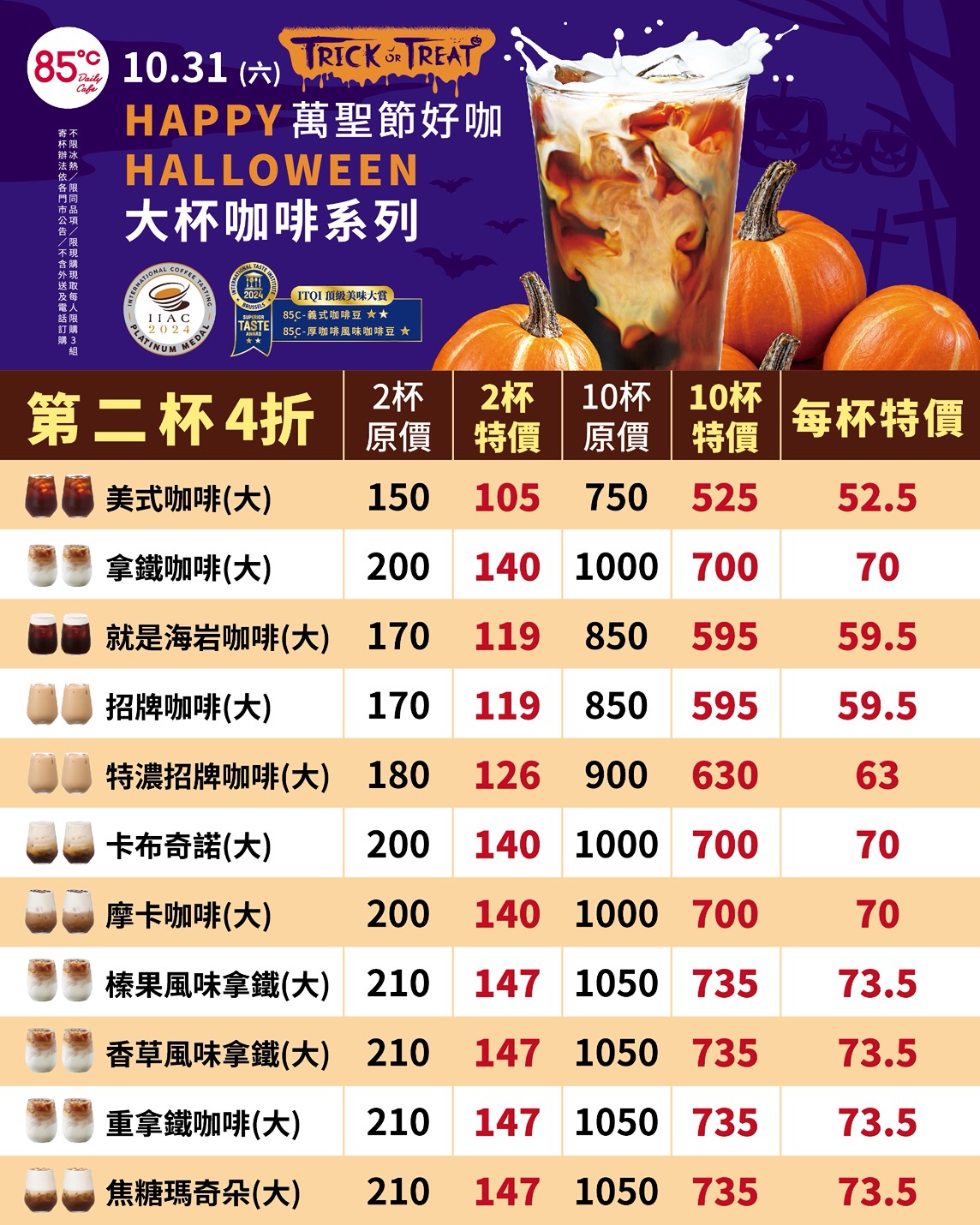 85℃萬聖節咖啡優惠來了！10/31大杯第二杯4折　美式平均52.5元