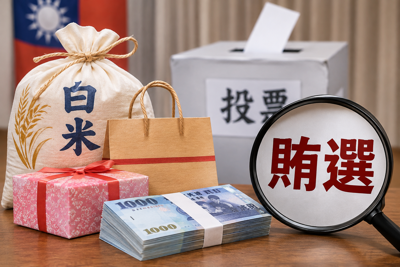 臺中烏日區一名里長候選人涉嫌利用伴手禮、宮廟捐贈的慈善白米賄選,並安排5名親屬虛遷戶籍增加票源,遭法院裁定羈押禁見。(AI生成示意圖)