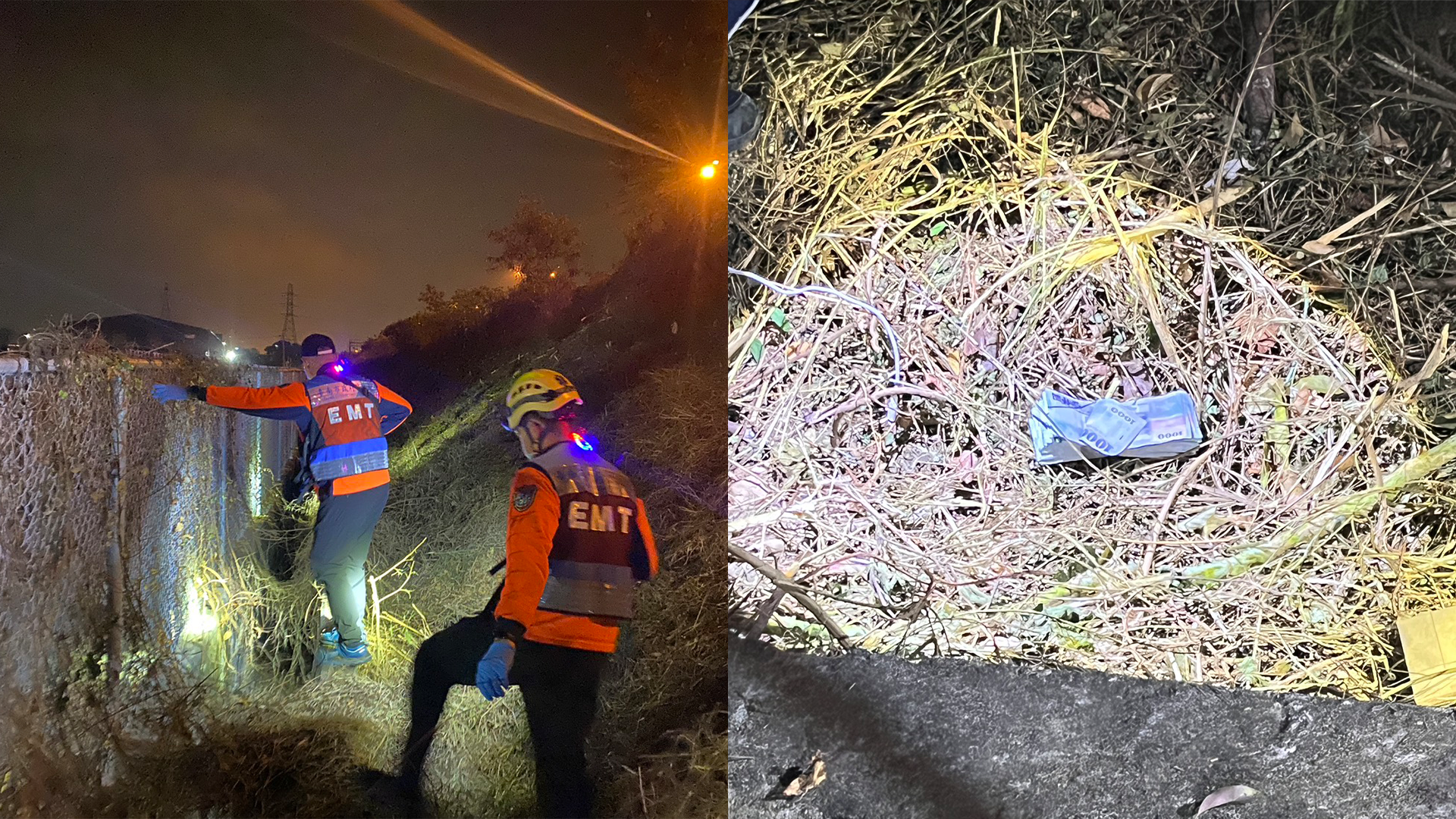 ▲國1深夜驚悚追逐!駕駛急停路肩「跳邊坡消失」 5男持球棒狂追…草叢竟掉出兩疊千元鈔(圖/記者王俊勝 翻攝、民眾提供)