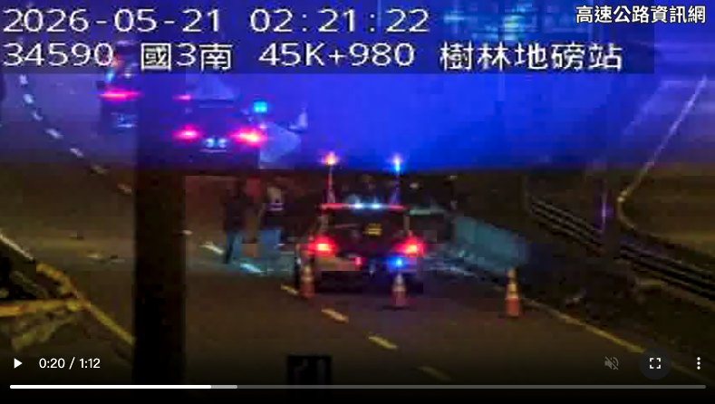 國道3號南向46.5公里樹林路段，21日凌晨2時16分發生一起死亡車禍，一輛自小客車因不明原因失控翻覆，18歲男性駕駛當場失去生命跡象，車體嚴重毀損，詳細事故原因仍待警方進一步調查釐清。