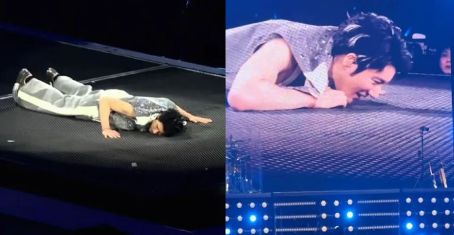 王力宏的項鍊卡在舞台地板縫隙,一度無法起身。(圖/翻攝微博)