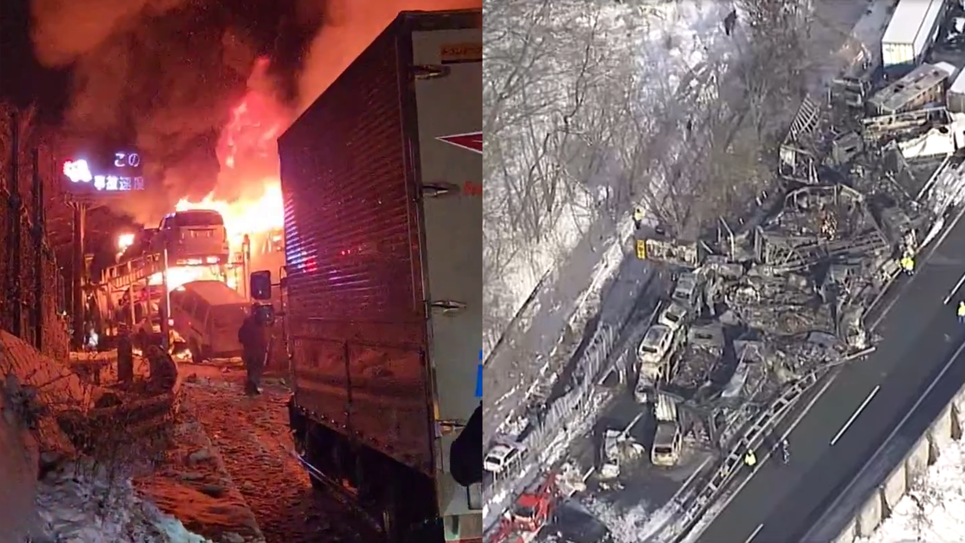 ▲雪夜煉獄！日本關越道爆「67車連環撞」20車成火球 釀2死26傷（圖／翻攝自X、YouTube／テレ東BIZ ダイジェスト）