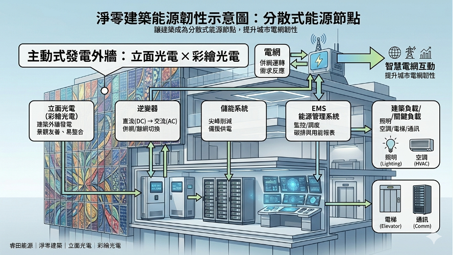 圖二圖說（三大能力架構圖）: 立面光電結合彩繪光電、儲能與EMS能源管理系統，使淨零建築成為城市分散式能源節點，提升電網韌性。