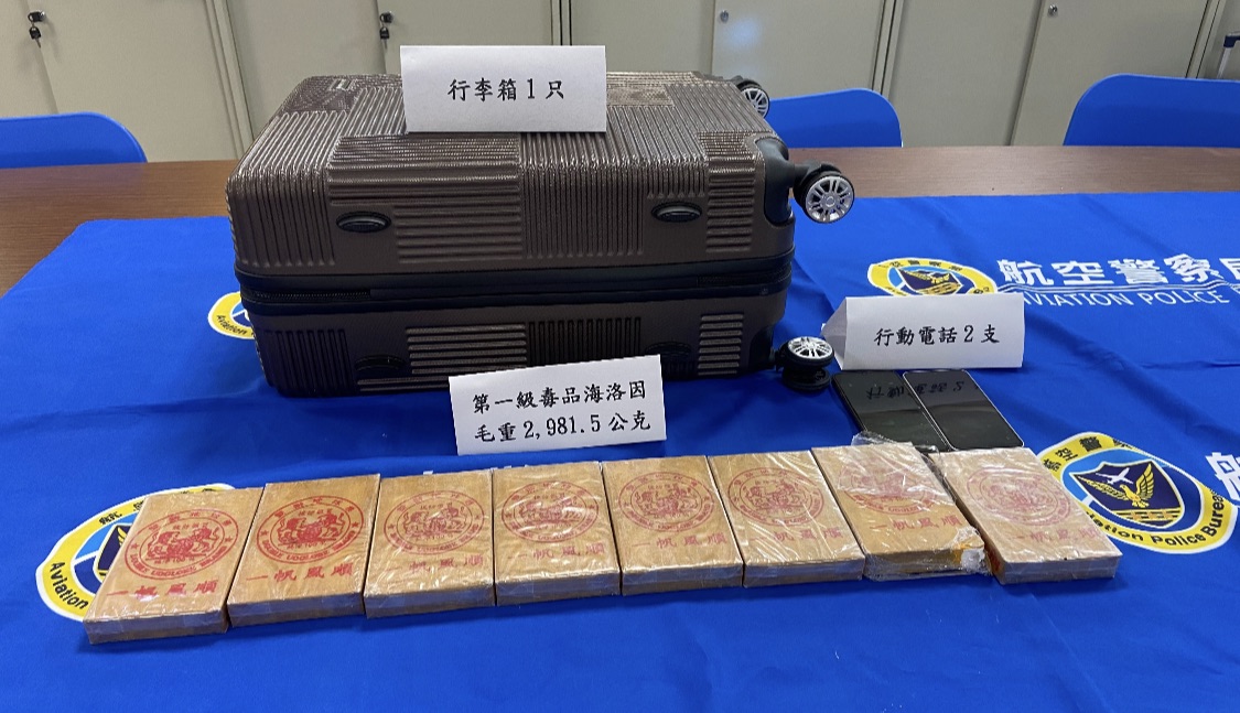 警方查獲行李箱內夾藏高純度第1級毒品海洛因，毛重計達2.981公斤，市值超過新台幣3000萬元。