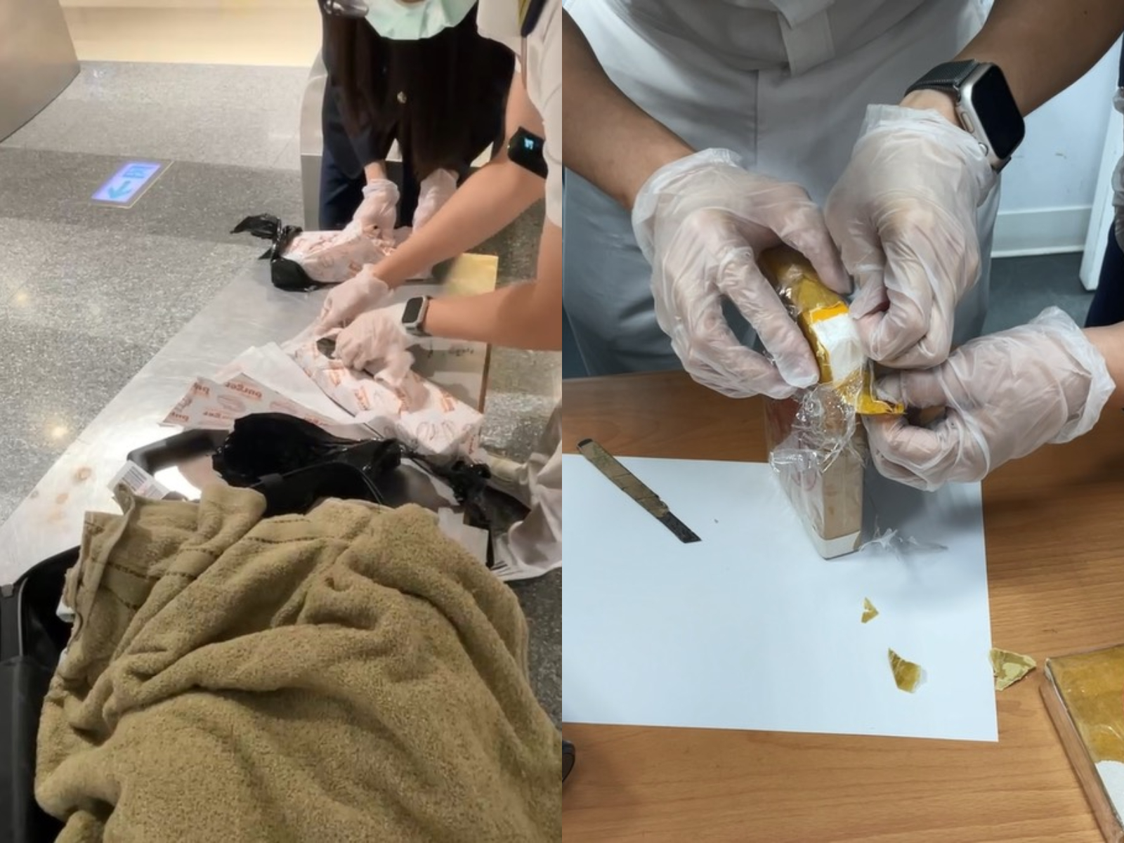 安檢人員在檢查旅客託運行李時，發現馬來西亞籍旅客J嫌的行李有異狀，另名馬來西亞籍旅客D嫌提領該件行李準備通關時，立即被安檢人員攔下。經開箱查驗，發現行李箱內夾藏了高純度第1級毒品海洛因。