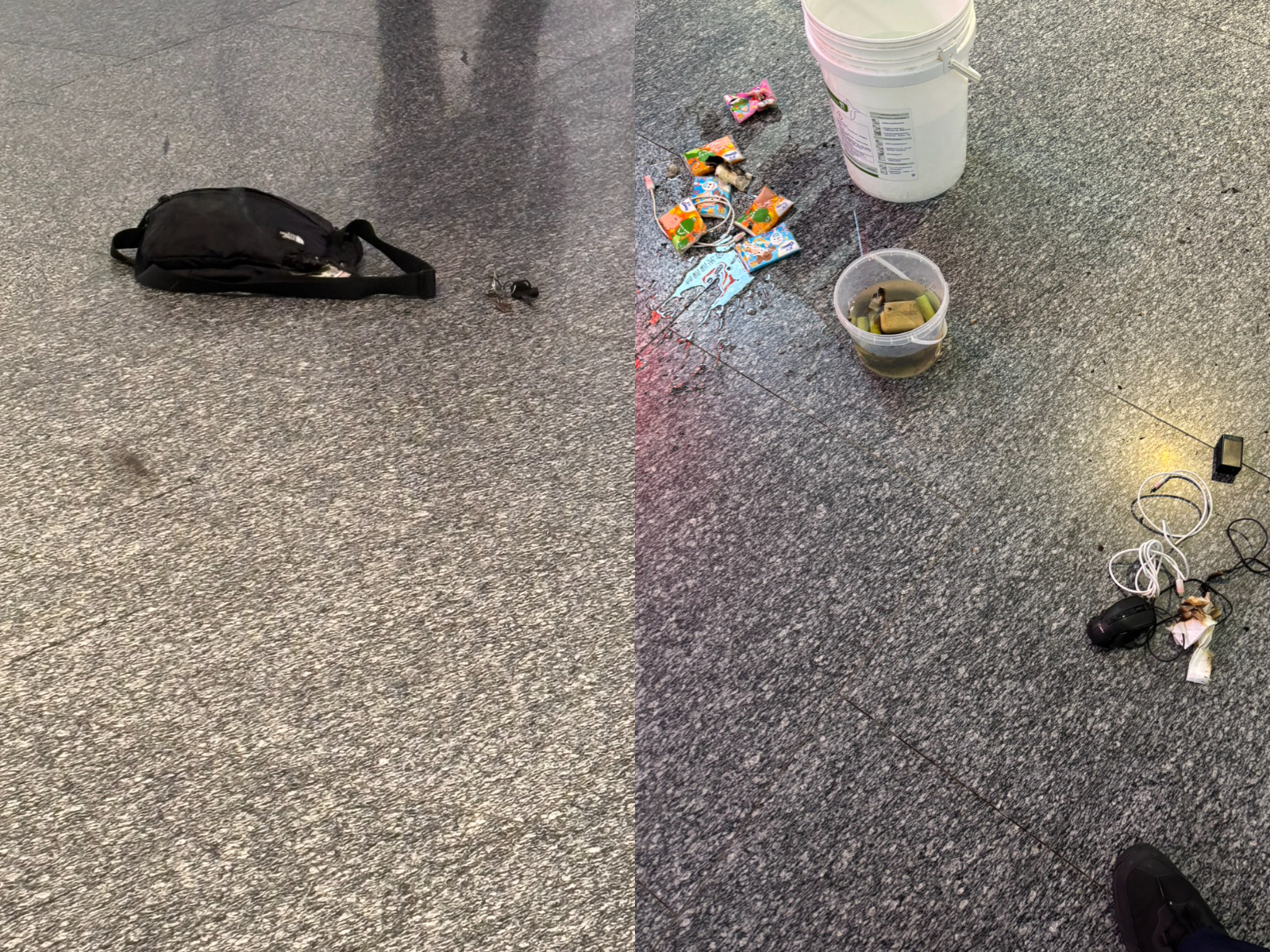 消防人員將受損的鋰電池取出，浸泡於水桶中降溫以確保不再復燃。