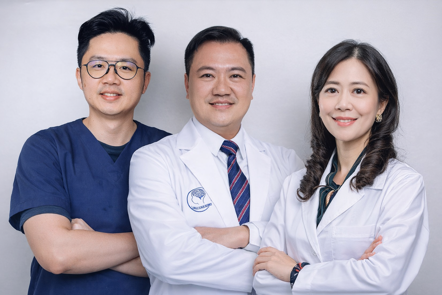 台中榮總神經外科三位醫師（左起廖致翔、中楊孟寅、右鄭文郁），遭爆料卷入代刀風波，院內外病患與醫界紛紛聲援，強調三人長年承擔高風險手術。