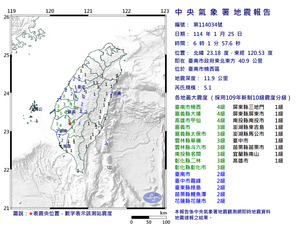 台南楠西6時01分發生規模5.1地震　各地震度達4級以上