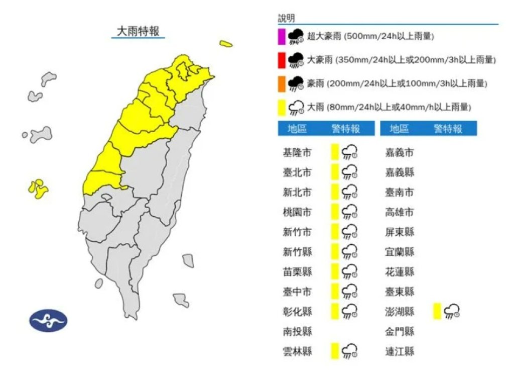 快訊／大雨特報！「11縣市」拉警報　大雷雨會一路下到晚上