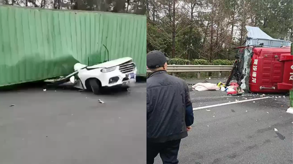 影／中國寧波高速恐怖車禍！大貨車翻櫃壓扁轎車　駕駛疑當場斷命...驚悚畫面曝