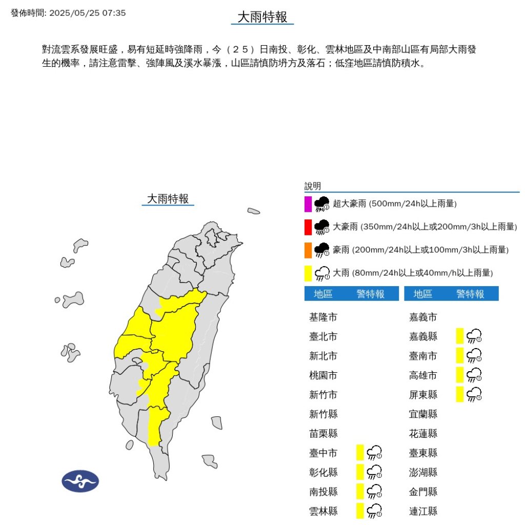中南部防大雨災情！　南投、彰化、雲林發布大雨特報 山區慎防坍方與落石