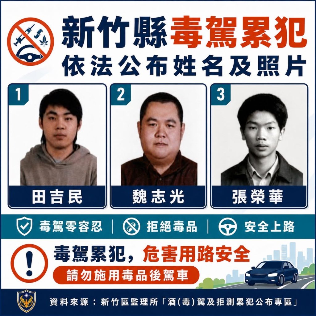 毒駕零容忍！　竹縣警公布累犯照片