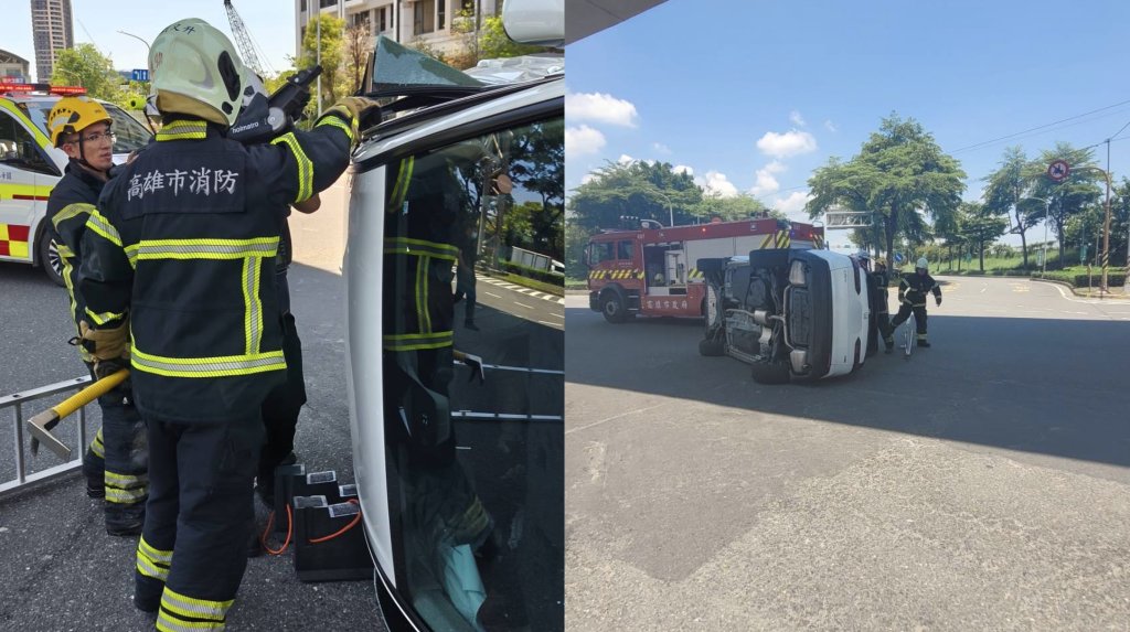 闖紅燈害翻車！高雄楠梓2車路口猛撞　轎車四輪朝天3人送醫