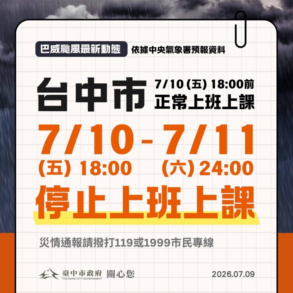 快訊／台中宣布了！10日18:00後至「11日全天」停班停課