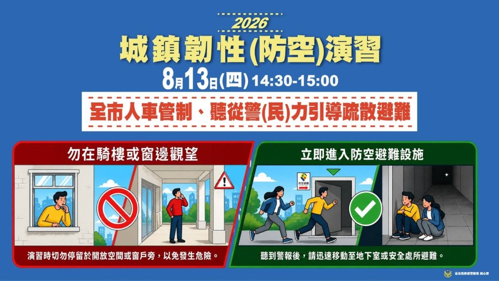 城鎮韌性（防空）演習8月13日登場　北市警提醒提前查詢避難地點、截圖保存防空設施位置