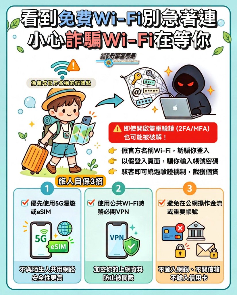 旅遊慎防假Wi-Fi！165提醒：免費網路別急著連　小心帳號、信用卡資料全外洩