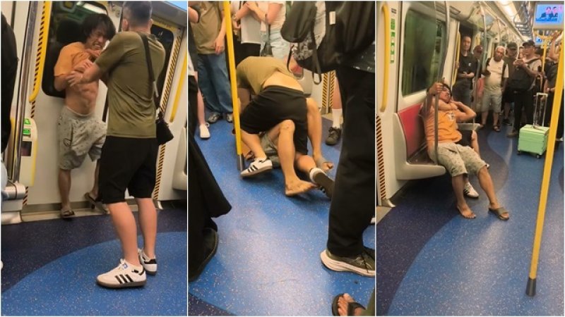 影／港鐵上演格鬥賽！男脫衣露腹肌嗆「看誰厲害」　阿伯「掐脖膝撞」大反攻