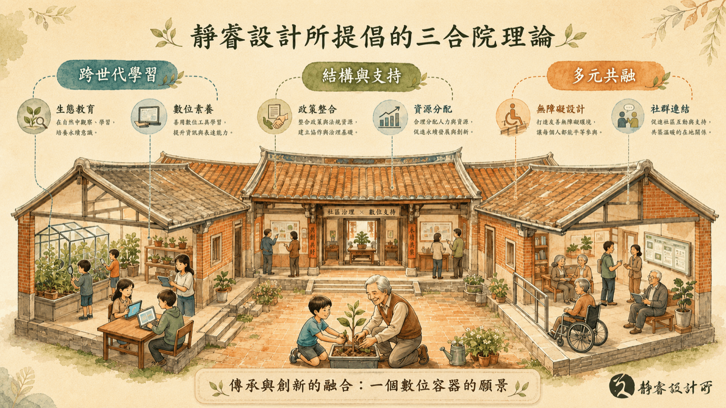 ▲ 透過設計與社會資源的整合，建構有愛無礙的共融生態圈（靜睿設計所提倡的三合院理論）。