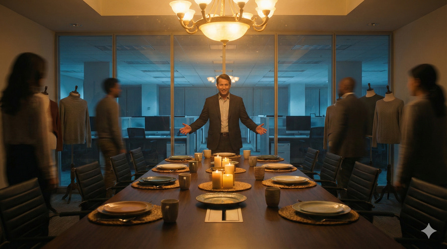 圖說示意：在冷冽色調的會議室裡，卻擺設著溫馨的家庭餐桌，主管與員工們臉上掛著僵硬且過度完美的笑容。這充滿違和感的畫面，暗示著職場中「我們是一家人」的話術，往往是一場精心設計的局。