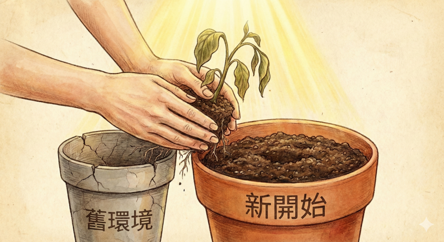 圖說示意:一雙手溫柔地將一株有些枯萎的小植物,從乾裂貧瘠的灰色土壤中挖出,移植到旁邊充滿養分、陽光普照的深色土壤盆栽裡。象徵著設計師視角中的「更換環境」與「戰略轉進」。