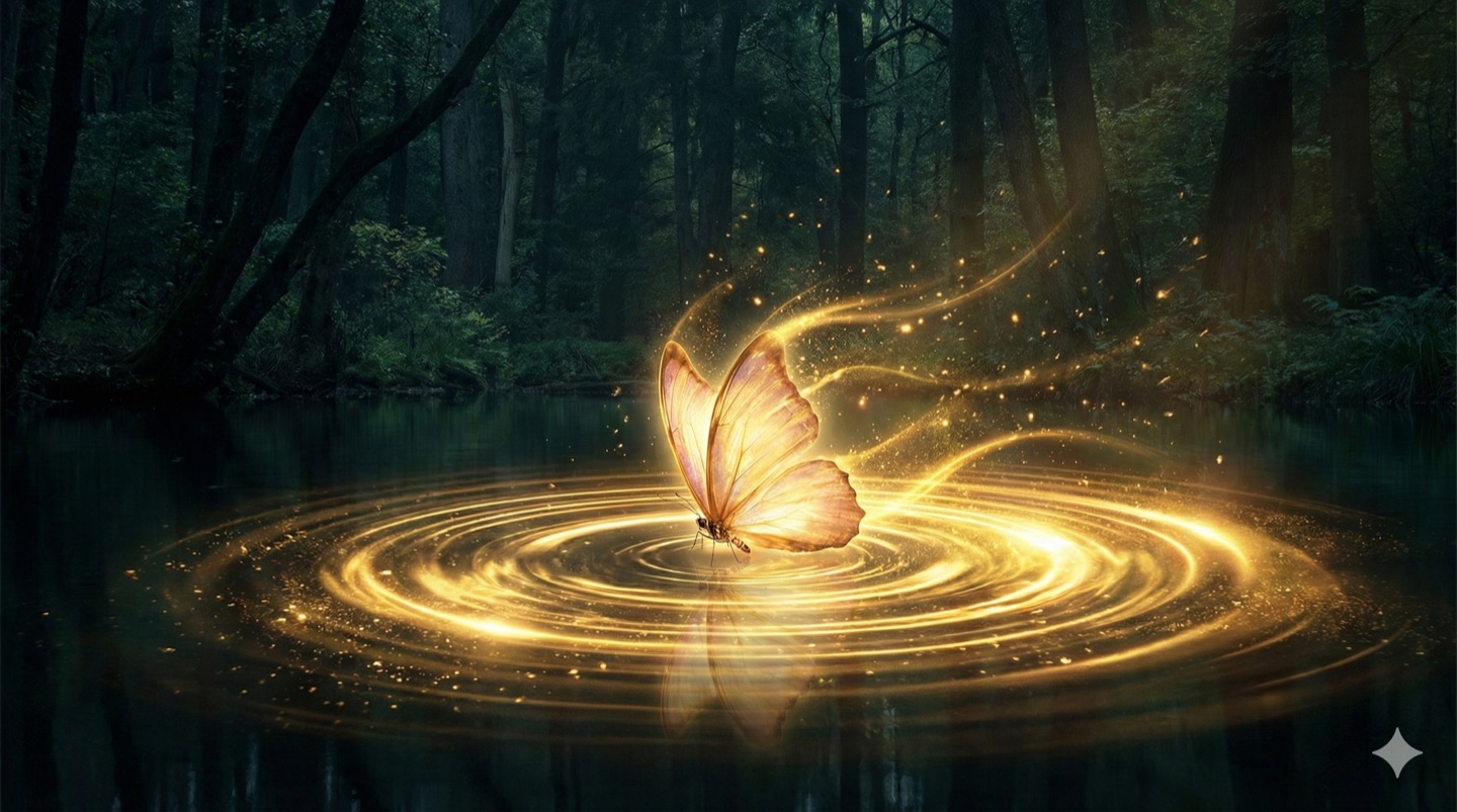 蝴蝶效應的啟示：一個微小的轉念與身份轉換，就像蝴蝶振動翅膀，能在生命中引發意想不到的良善循環。（圖片設計／施睿皇）