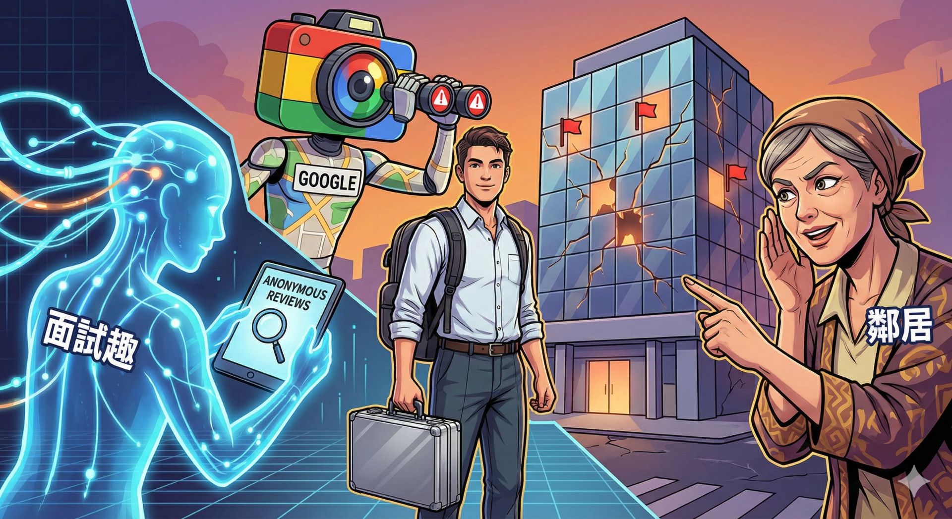 圖說：求職路上的「偵查三劍客」：左手邊是手持大數據的「面試趣」情報員，上方是擁有全知視角的「Google」觀察者，右邊則是掌握在地八卦的「鄰居」包打聽。有這三位守護神同行，我們就不再是孤軍奮戰。（圖片設計／施睿皇）