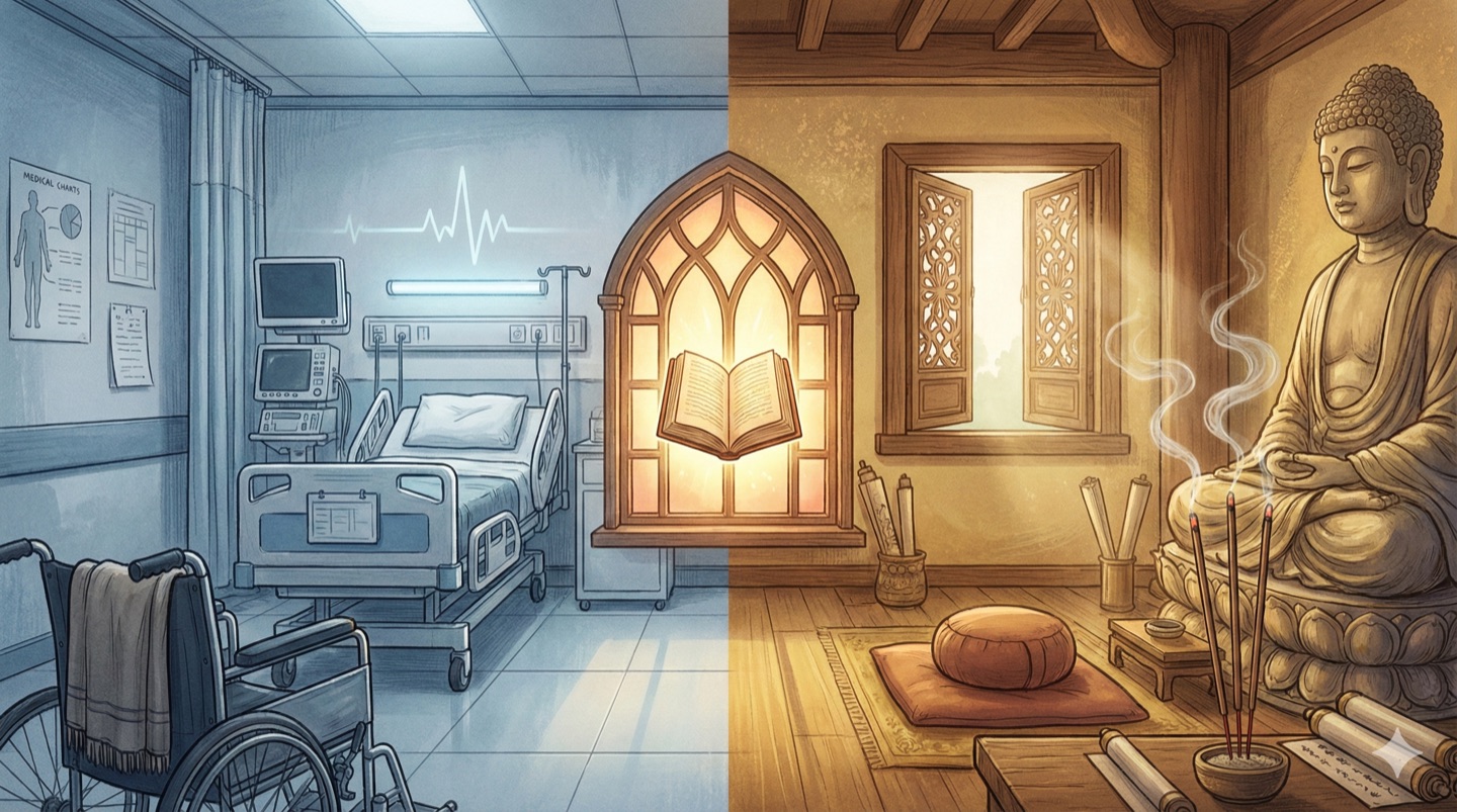 ▲ 雙學院的修煉：從「醫學院」的疼痛到「佛學院」的平靜，這段漫長的復健路，讓我學會了與限制共處。（圖片來源：靜睿設計所）