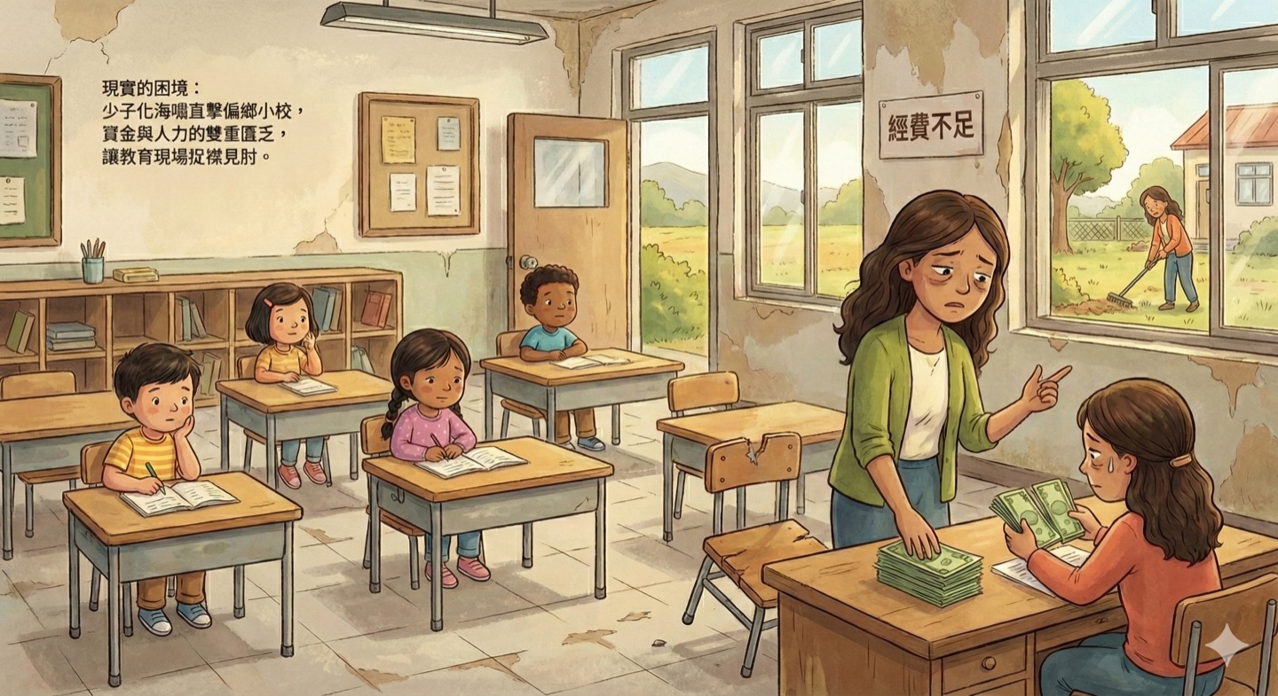 現實的困境：少子化海嘯直擊偏鄉小校，資金與人力的雙重匱乏，讓教育現場捉襟見肘。